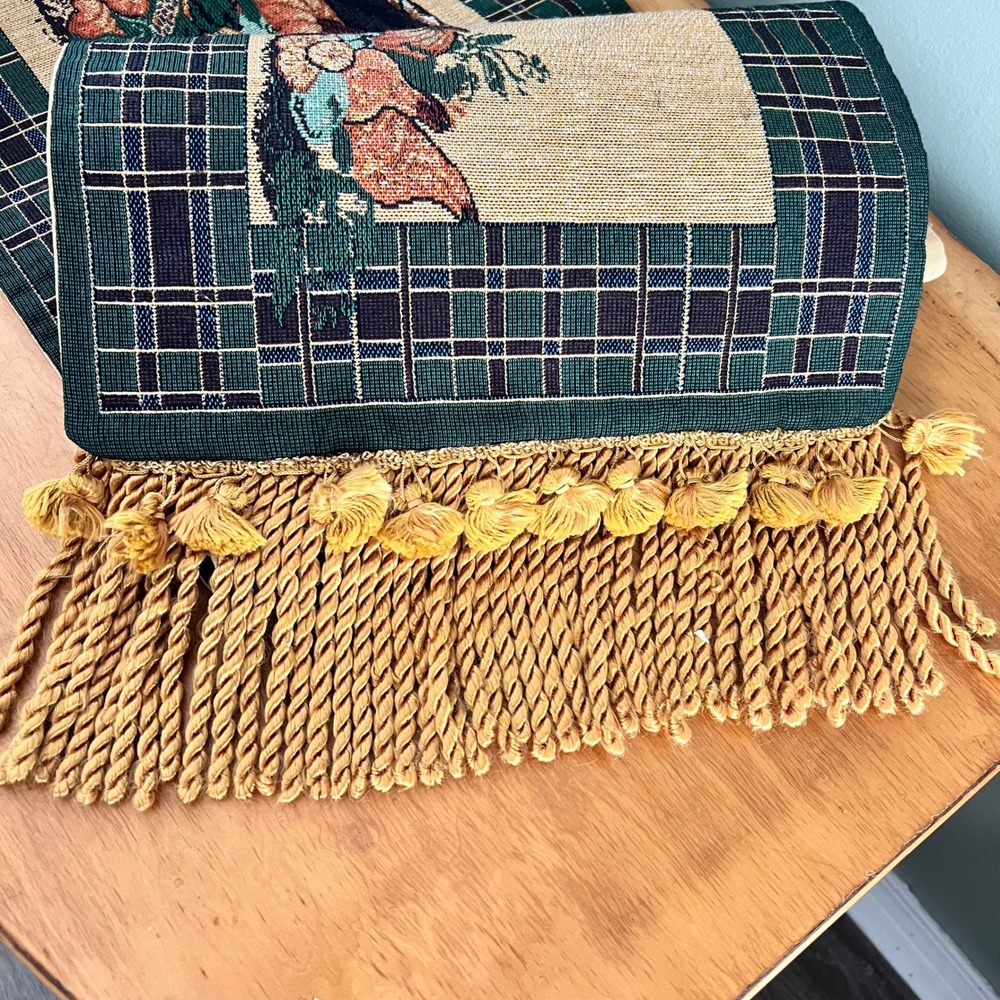Harvest Cornucopia Woven Tapestry Table Runner Plaid Tassel Fringe 71x13 - Picture 5 of 6
